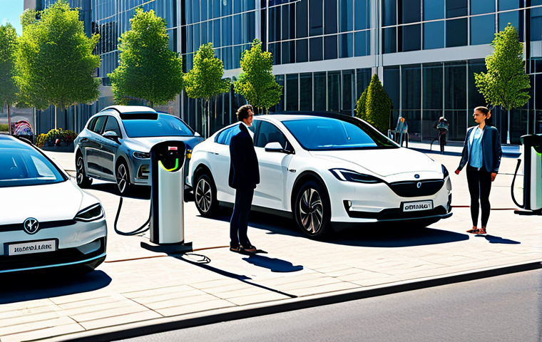 New Energy Vehicle Scene**

"A clean, modern city street scene with multiple fully clothed people admiring various electric vehicles. Several charging stations are visible. Solar panels are on some building roofs. Daytime, bright sunlight, safe for work, appropriate content, fully clothed, professional, correct proportions, perfect anatomy, well-formed hands, natural pose, modest attire, family-friendly setting."

**