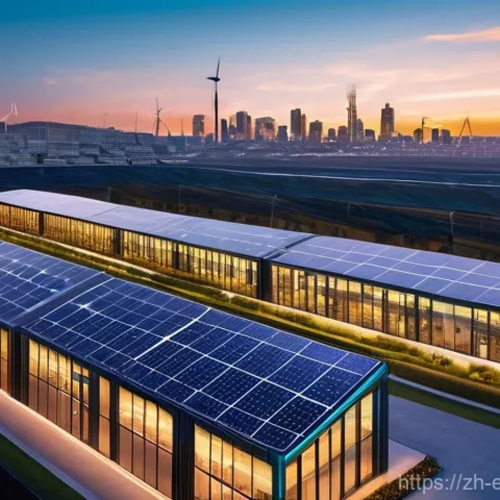 전기화학적 에너지 저장 - **Prompt:** A vibrant, futuristic city skyline at sunset, powered by a seamless blend of renewable e...