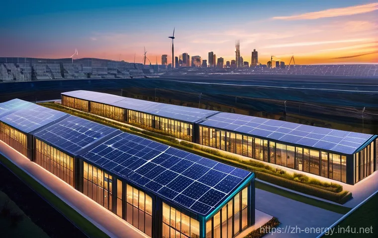 전기화학적 에너지 저장 - **Prompt:** A vibrant, futuristic city skyline at sunset, powered by a seamless blend of renewable e...