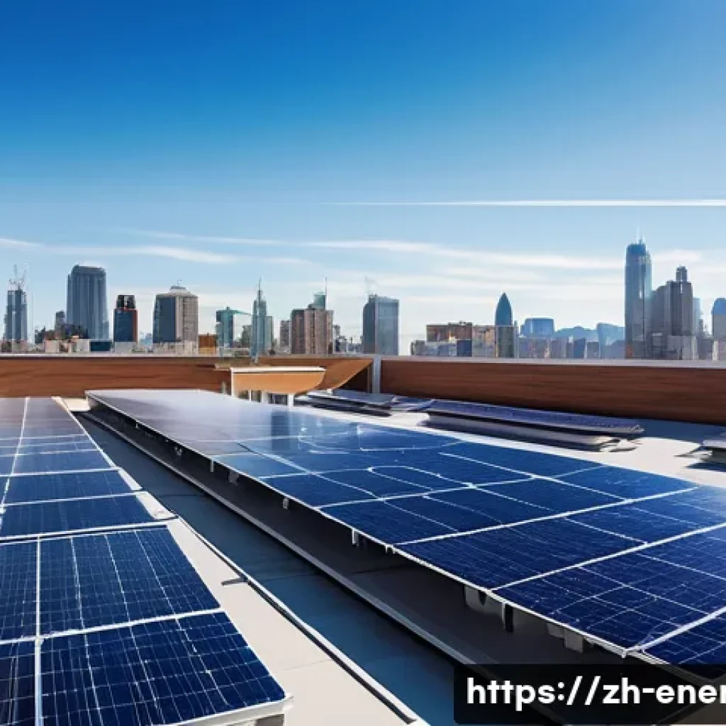 재생 가능 에너지 기술 - A modern urban rooftop scene featuring sleek, lightweight solar panels integrated seamlessly into bu...