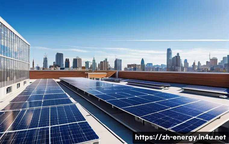 재생 가능 에너지 기술 - A modern urban rooftop scene featuring sleek, lightweight solar panels integrated seamlessly into bu...