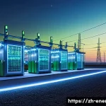 고압 직류 송전 기술 - A high-tech electrical substation featuring advanced HVDC converter stations with large IGBT modules...
