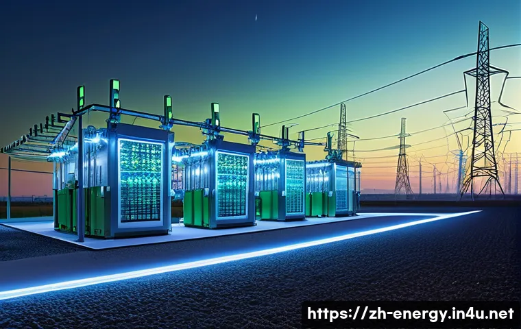 고압 직류 송전 기술 - A high-tech electrical substation featuring advanced HVDC converter stations with large IGBT modules...