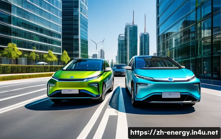 수소 연료전지 기술 - A futuristic urban scene showcasing hydrogen fuel cell electric vehicles (FCEVs) in motion on a clea...