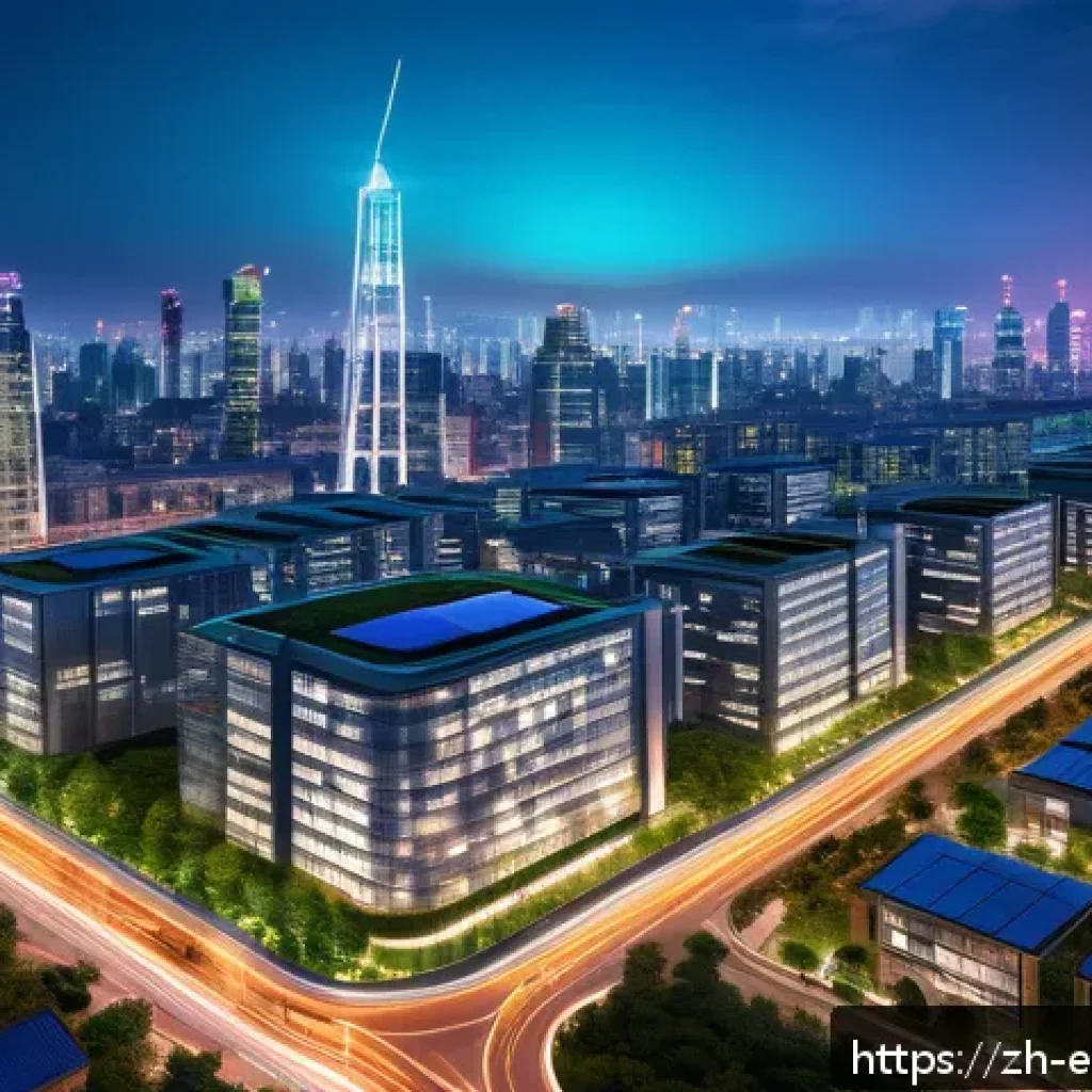 에너지 자원 개발 - A futuristic smart cityscape at dusk, showcasing intelligent electric grid infrastructure with glowi...