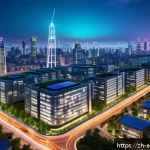 에너지 자원 개발 - A futuristic smart cityscape at dusk, showcasing intelligent electric grid infrastructure with glowi...
