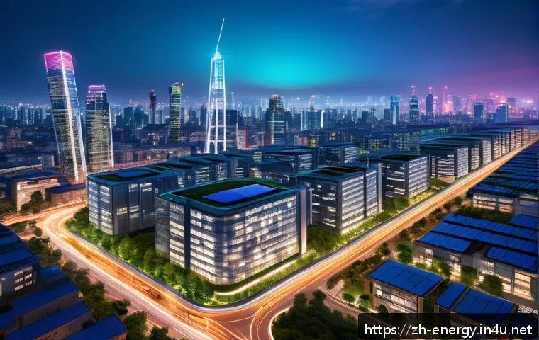 에너지 자원 개발 - A futuristic smart cityscape at dusk, showcasing intelligent electric grid infrastructure with glowi...