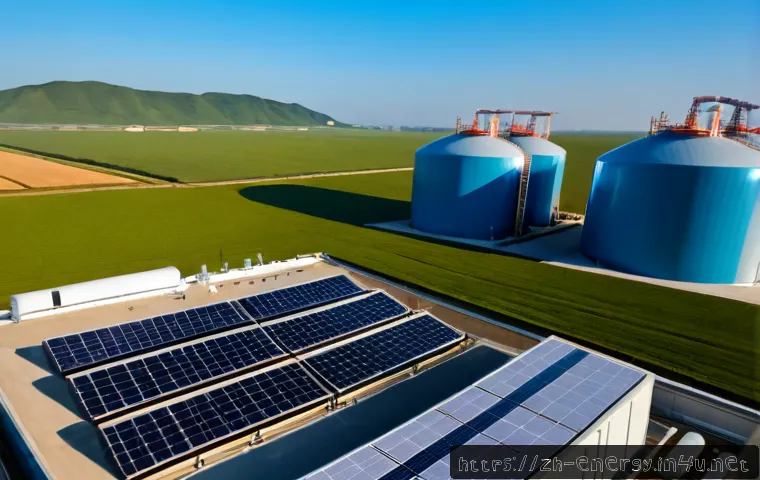 그린 수소 생산 기술 - Photorealistic green hydrogen production facility at sunrise, clean electrolyzer units connected to ...